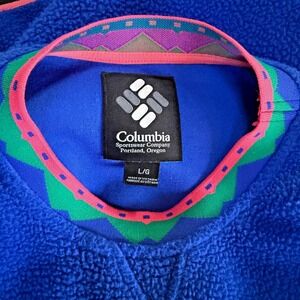 Vtg Columbia fleece pullover aztec sothwestern‎ trim neon blue L